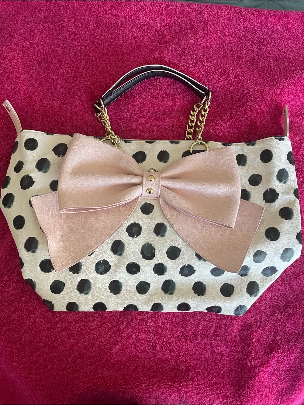 Betsey Johnson White & Black Polka Dot Tote with Pink Bow